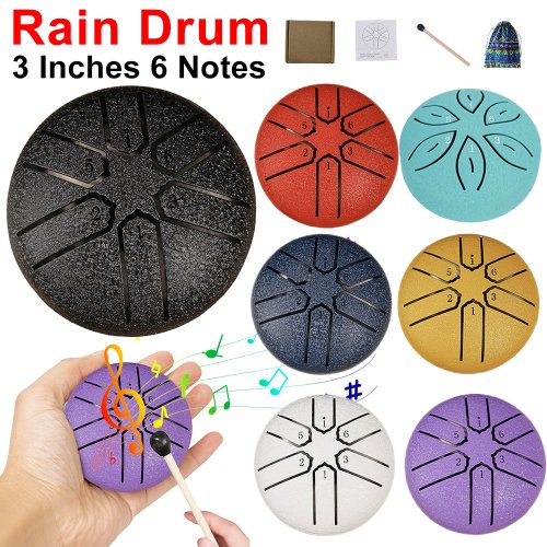 Imagen de Tambor de Lluvia de 3 Pulgadas con 6 Notas - Mini Tambor de Mano para Meditación, Yoga y Relajación al Aire Libre, Instrumento Musical Natural Ideal como Regalo Único