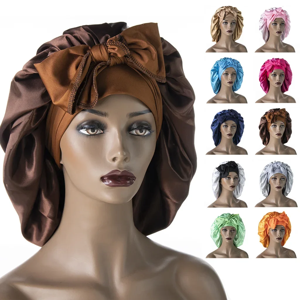 Imagen de Gorro de Satén Elástico para Dormir para Mujer con Serpentina Larga - Turbante de Noche para Cuidado del Cabello y Ducha
