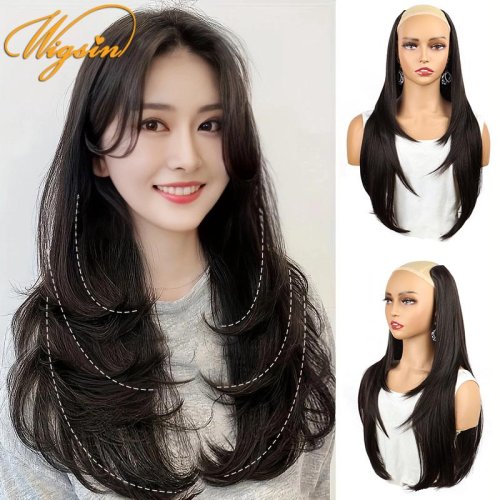 WIGSIN 22 Zoll synthetische V-förmige geschichtete 4 Clips lange glatte Haarverlängerung Mode unsichtbare Haarteil Perücke für Frauen