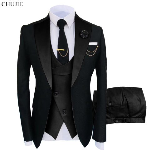 Image of Elegant 3-Piece Men's Wedding Suit Set – Classic Blazer, Vest & Pants Formal Fashion Coat 2025