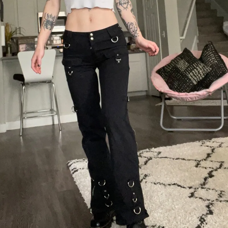 Afbeelding van Vrouwen Lage Taille Jeans Denim Rechte Flare Broek met Vintage Zakken en Rits - Streetwear Enkelbroek 2024 Herfst