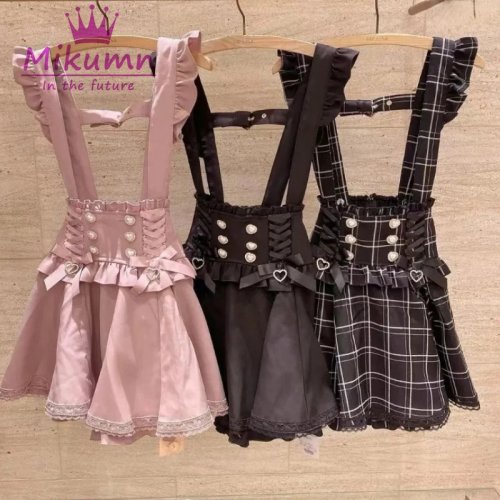 Image of Gothic Lolita Retro Bow Pearl Buckle Ruffle Suspender A-Line Mini Skirt for Sweet Kawaii Japanese Girls Y2K Fashion