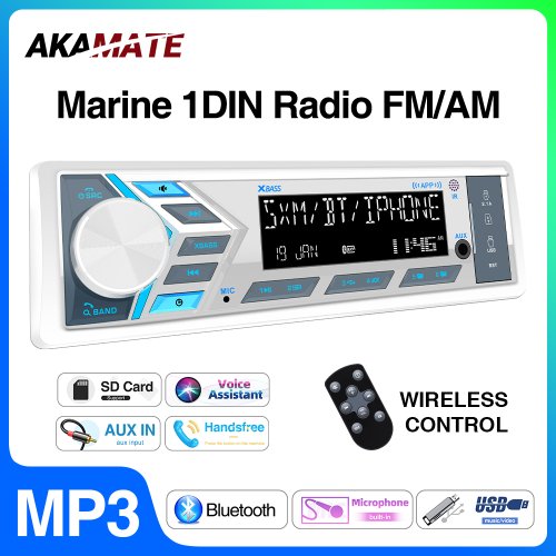 Akamate 1DIN Autoradio mit Bluetooth, USB, AUX und FM/AM Radio – Universelles Stereo-Player für RV, ATV, UTV, SPA, RZR und Marine-Anwendungen mit Fernbedienung