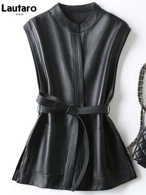 Image of Elegant Black Soft PU Leather Vest with Belt for Women – Luxurious Sleeveless Jacket for Office and Casual Wear, Autumn and Spring 2022