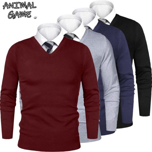 Zdjęcie Sweter męski z motywem zwierzęcym, biznesowy, casualowy, z dekoltem w serek, bluzka na zimno, lekki, wełniany, dzianinowy, luksusowy sweter męski na zewnątrz.