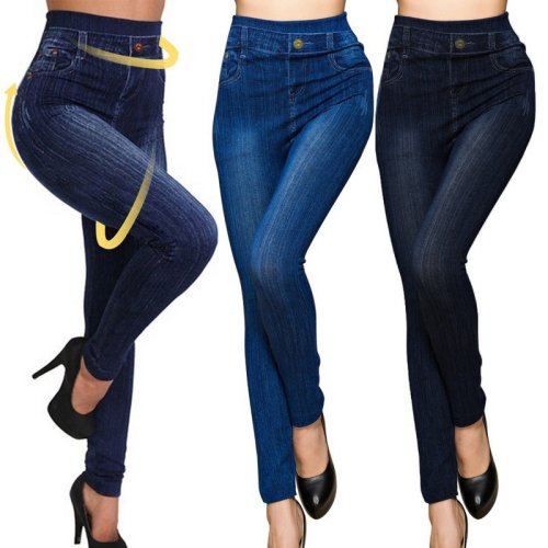 Zdjęcie Damskie Jeggings z nadrukiem Slim Fit fałszywe dżinsy Denim wysokiej talii legginsy fitness rozmiar 3XL Fashion Lady Streetwear spodnie wiosna