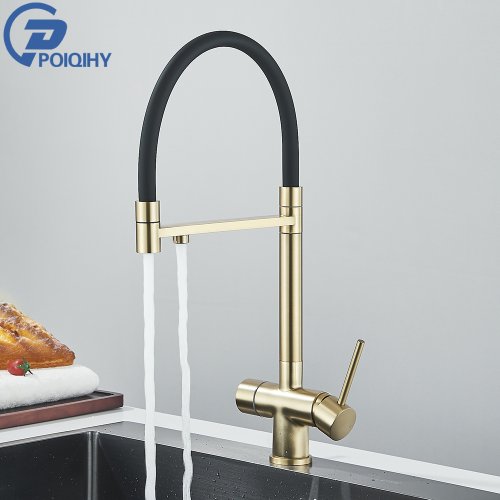 Imagen de Grifo de Cocina de Oro Pulido con Filtro de Agua Potable, Doble Caño, Mezclador Frío y Caliente, Montado en Cubierta