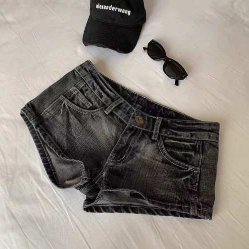 Zdjęcie Damskie szorty jeansowe vintage, czarne i szare, przetarte, niska talia, elastyczne, ciasne, modne szorty letnie
