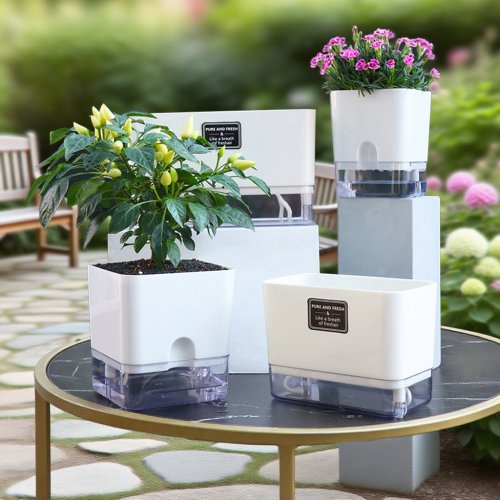 Imagen de Maceta de autorriego con doble cubierta magnética y algodón autoabsorbente para plantas interiores, diseño moderno y práctico para jardinería en casa