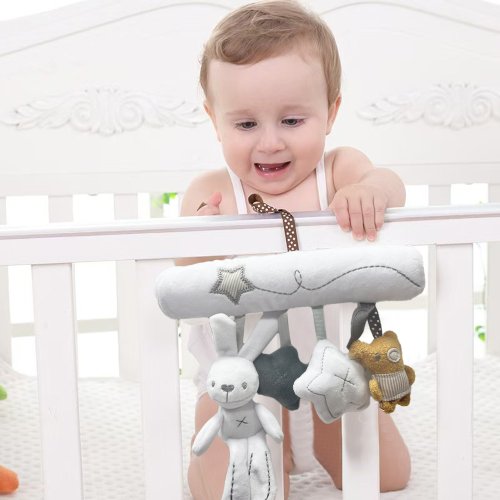 Imagen de Colgante para Cuna de Bebé con Sonajero de Conejo, Peluche Suave y Asiento de Seguridad – Juguetes Multifuncionales para Dormir y Jugar