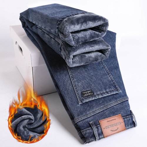 Warm en comfortabele winterfleece jeans voor heren – slanke pasvorm, elastisch denim met pluche voering voor optimale warmte