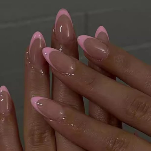 Immagine di Unghie Finte Francesi in Stile Mandorla con Design Bianco e Rosa – Set di 24 Pezzi con Colla Inclusa per Un Look Naturale e Elegante