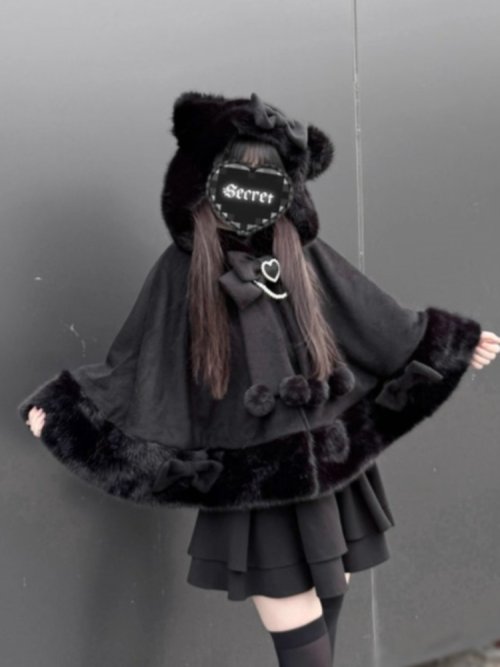 Image of Winter Japanese Lolita Cloak Overcoat for Women with Bow Hood, Patchwork Design, Kawaii Harajuku Style, Warm Sweet Fur Collar Coat