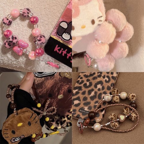 Imagen de Bonita correa de muñeca para teléfono con cuentas, pulsera hecha a mano con estampado de leopardo de felpa peluda, cordón, estilo Vintage Kawaii para mujer