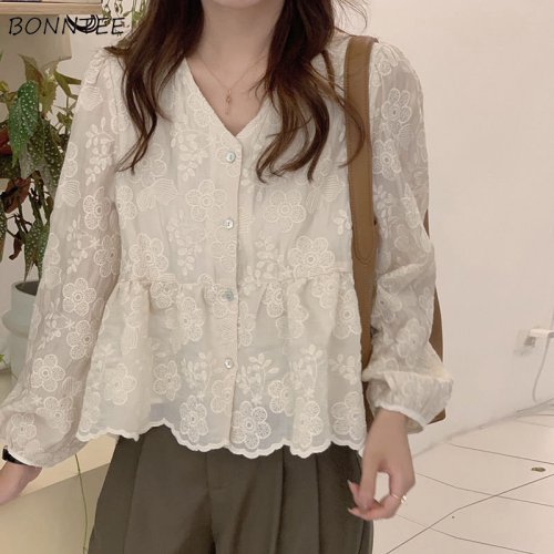 Image de Chemise Femme Broderie Florale - Style Preppy Automne