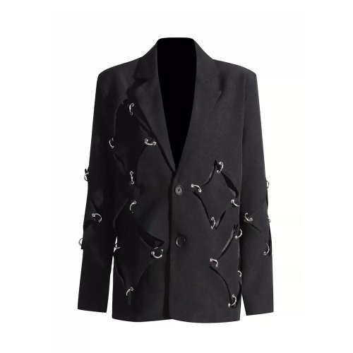 Image of 2024 Men's Metal Rivet Decorated Hollow-Out Hip Hop Punk Blazer with Irregular Design – Techwear-Inspired Casual Suit Jacket