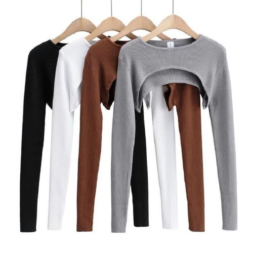 Zdjęcie Y2k Estetyczne Ubrania O-neck Czarny Biały Seksowny Harajuku Dzianinowy Tshirt 2024 T-shirty Damskie Długi Rękaw Crop Top Wiosna Jesień