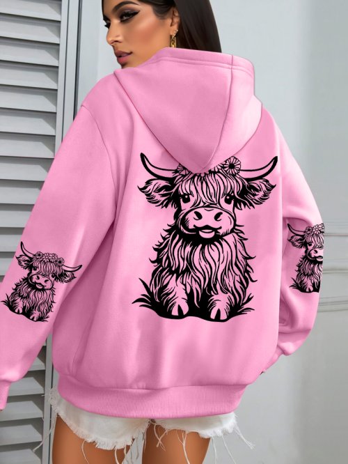 Image of Adorable Cow Print Fleece Hoodie for Women – Cozy Y2K Streetwear with Pocket, Perfect for Autumn Casual Wear