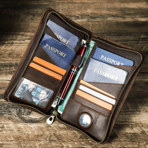 Image of Premium Genuine Leather Men's Travel Wallet with RFID Protection, Passport Holder, Card Organizer, AirTag Case & Long Purse for Everyday Use