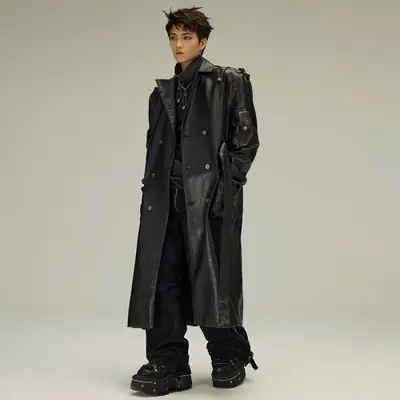 Image de Manteau Trench Homme Luxe Noir Cuir - Automne/Hiver 2023