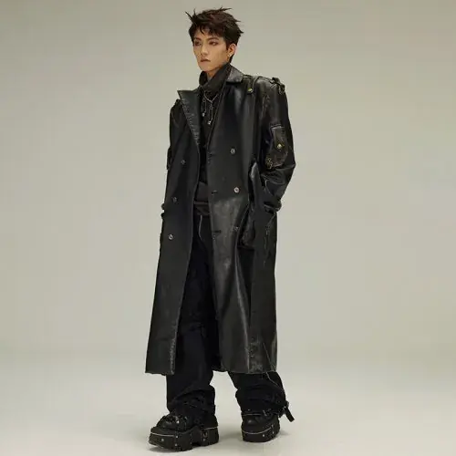 Image de Manteau Trench Homme Luxe Noir Cuir - Automne/Hiver 2023