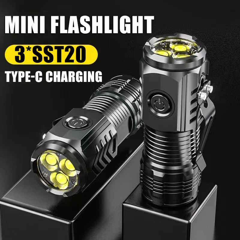 Imagen de Potente linterna superbrillante de 3LED, Mini linterna portátil de ráfaga, foco de emergencia recargable con imán trasero con Clip para bolígrafo