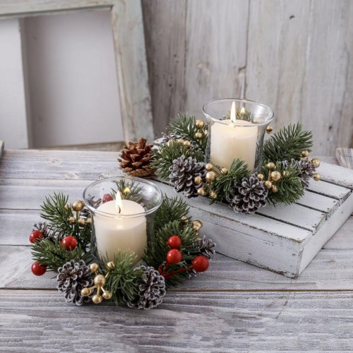 Image of Rustic Christmas Candle Wreath with Artificial Pine Needles, Pinecones, Berries & Garland – Festive Holiday Decor for Home, Table, and Front Door