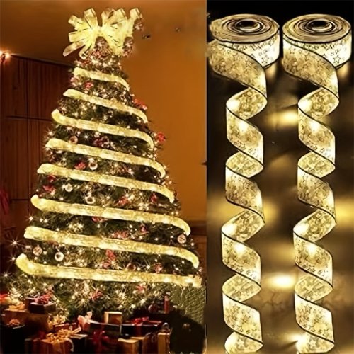 Afbeelding van 2x 10 meter gouden kerstlint met fairy lichtslingers – elegante kerstdecoratie voor kerstboom, cadeautjes en feestverlichting