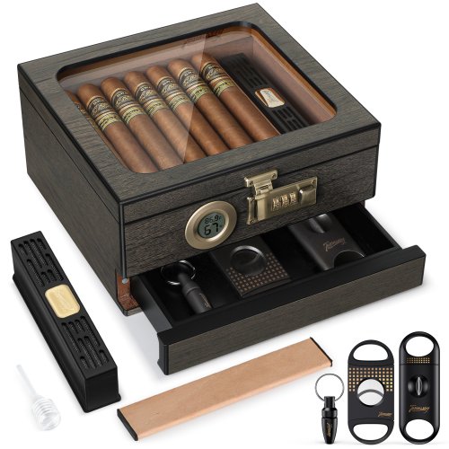 Immagine di UmidoBox Premium: Scatola da Tavolo per Sigari con Vetro Temperato, Termoigrometro Digitale, Divisore Interno, Cassetto per Accessori e Serratura a Combinazione