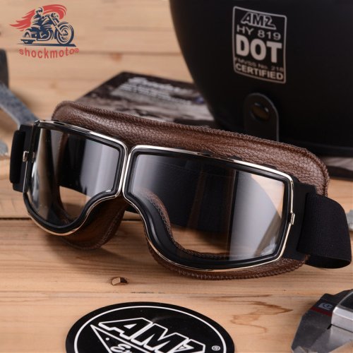 Immagine di Occhiali da Moto Vintage in Pelle Universali per Scooter, Motociclette e Caschi – Stile Steampunk Antipolvere con Protezione UV