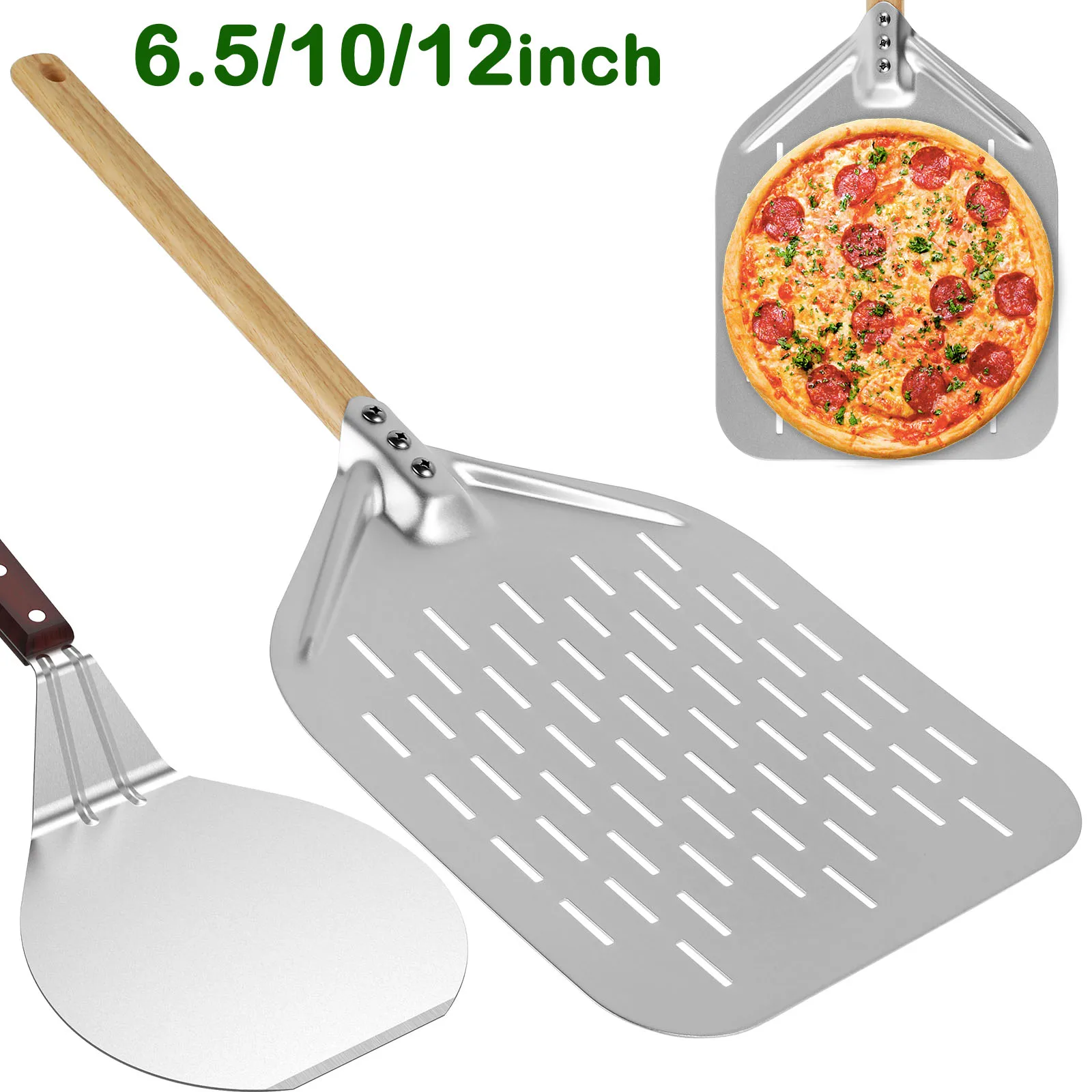 Immagine di Spatola per pizza da 6,5/10/12 pollici Buccia per pizza antiaderente in metallo con manico in legno Vassoio di trasferimento sollevatore per torte per pane pizza fatto in casa