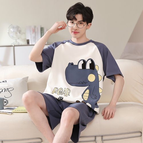 Image of Cute Dinosaur Print Cotton Sleepwear Set for Men – Summer Short Sleeve Pajama Top and Shorts, Comfortable Homewear in Sizes L to 4XL