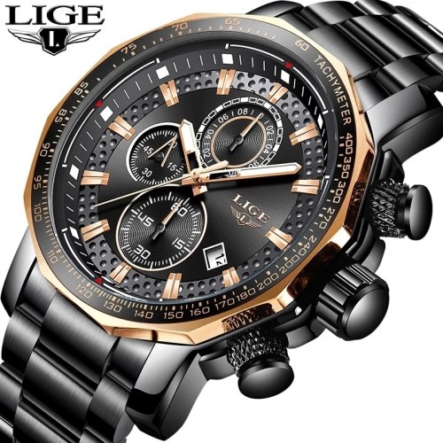 Imagen de LIGE-reloj analógico de acero inoxidable para hombre, nuevo accesorio de pulsera de cuarzo resistente al agua con cronógrafo, complemento masculino deportivo de marca de lujo con esfera grande