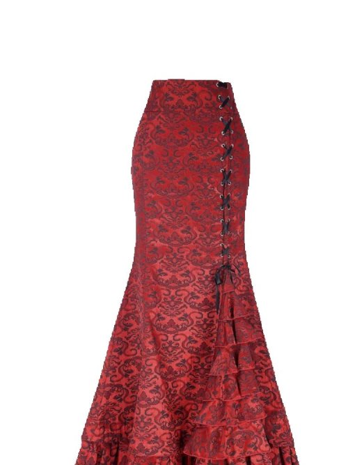 Image of Vintage-Inspired Women's Long Mermaid Skirt with Ruffle Fishtail Hem and Lace-Up Detail