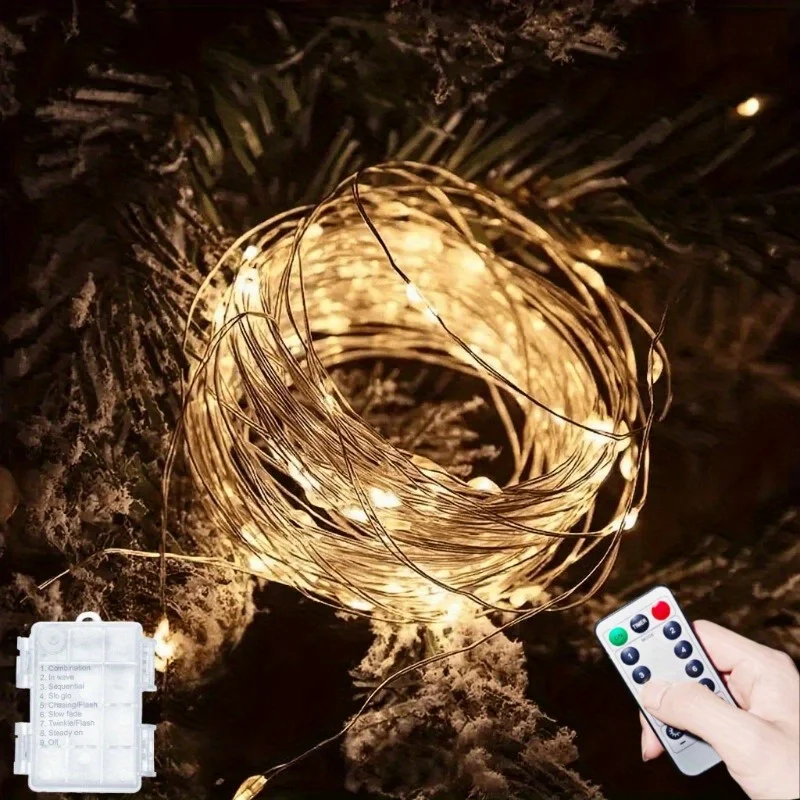 Image of Battery-Operated 50 LED Copper Wire Fairy Lights with Remote Control, Dimmable Twinkle Effect and Timer for Indoor/Outdoor Holiday Decor