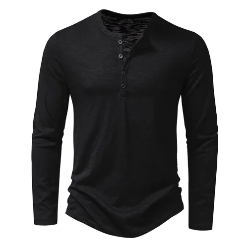Immagine di T-shirt girocollo a maniche lunghe con bottoni in cotone da uomo nuovo autunno t-shirt Slim moda Versatile traspirante tinta unita Casual