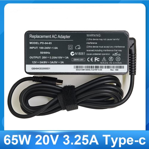 Immagine di Adattatore di Alimentazione USB-C da 65W 20V 3,25A per Laptop Lenovo ThinkPad X1 Carbon, Yoga, X270, X280, T580, P51, P52s, E480, E470 - Caricabatterie Portatile ad Alta Velocità