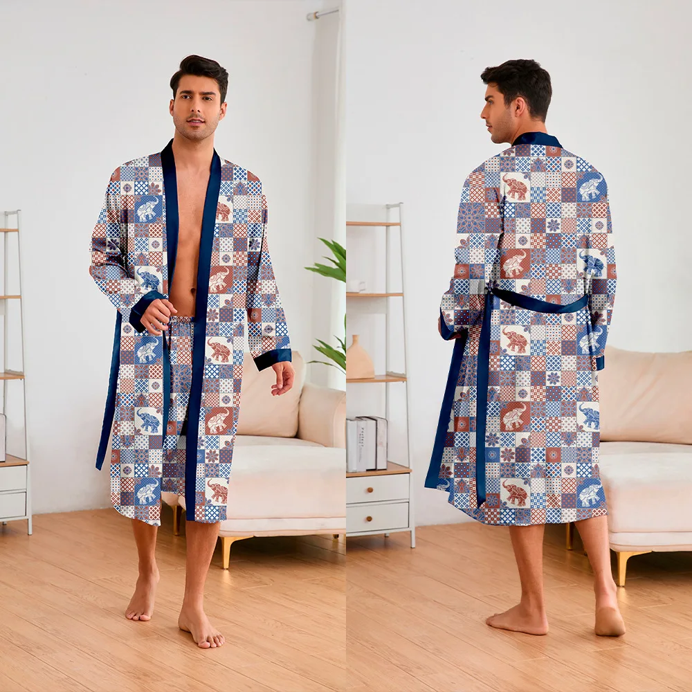 Immagine di Nuovi uomini lunghi camicia da notte e vestaglia set primavera estate pigiama di seta del ghiaccio s...