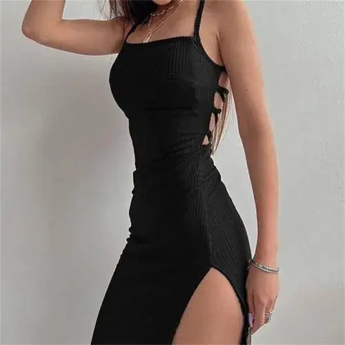 Image de Robe Noire Longue Moulante Fente Haute