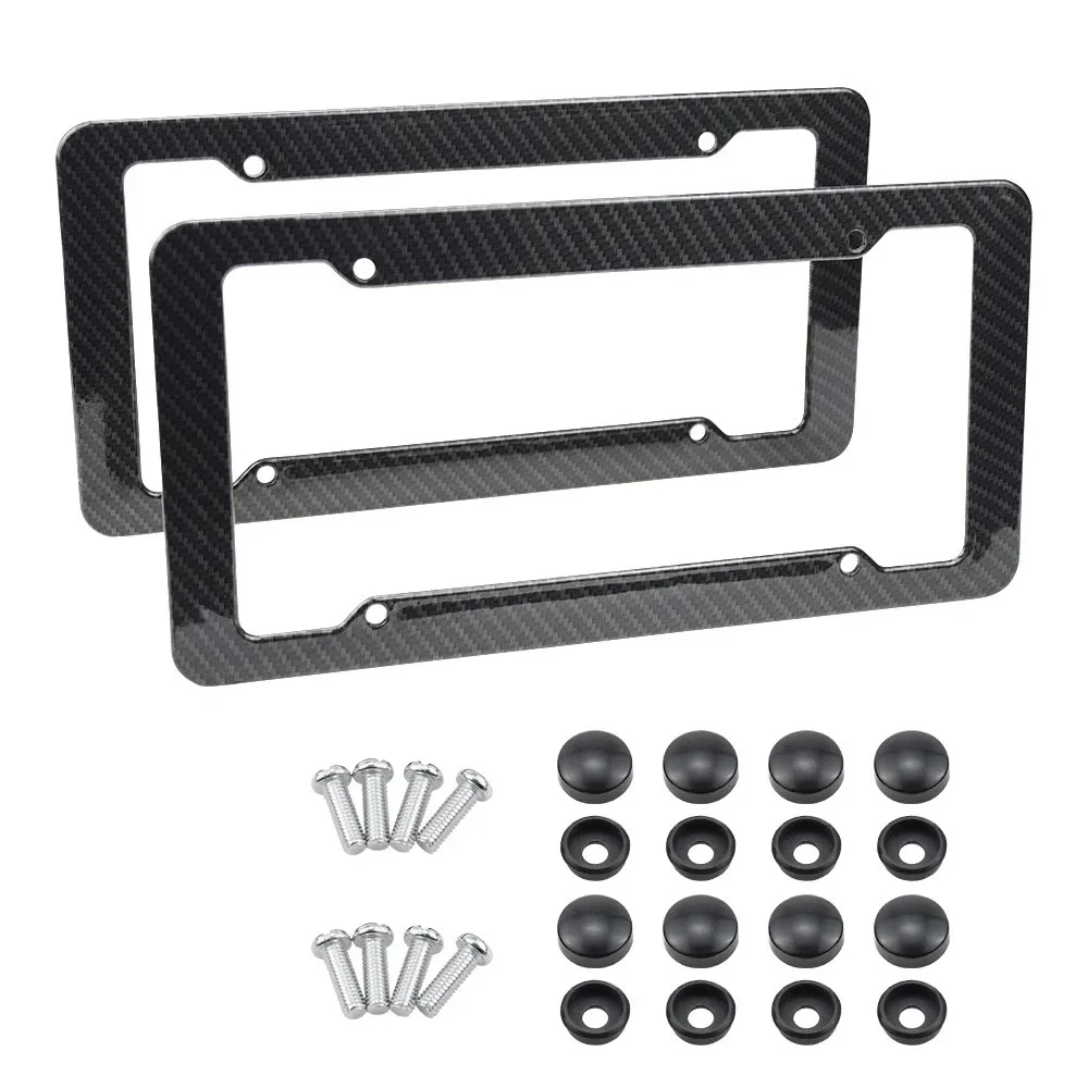 Imagen de Marco para matrícula de fibra de carbono, cubierta de soporte de etiqueta de coche delantera y trasera de plástico negro para hombres/mujeres, con Hardware de montaje, tornillos, 2 uds.