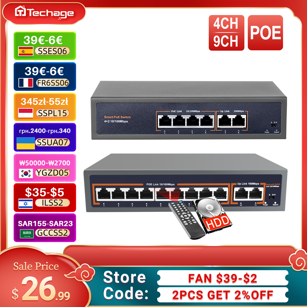 Immagine di Techage 4CH 9CH 16CH 52V Switch POE di rete con 10/100Mbps IEEE 802.3 af/at su telecamera IP Ethernet/AP wireless/telecamera CCTV