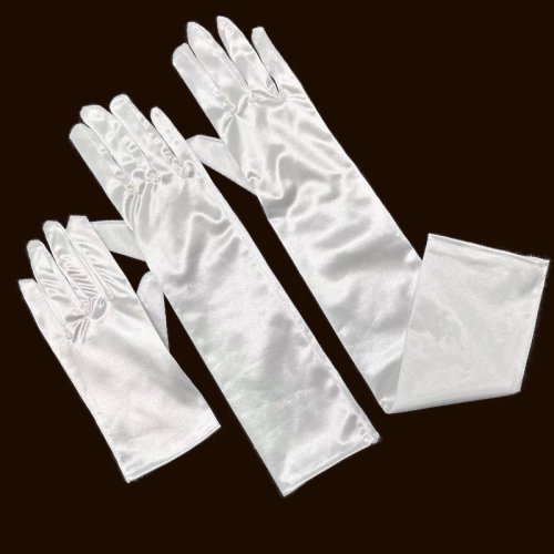 Imagen de Guantes de novia de satén liso blanco y negro para mujer, 23cm, 38cm, 55cn, etiqueta elegante diseñada para ocasiones formales