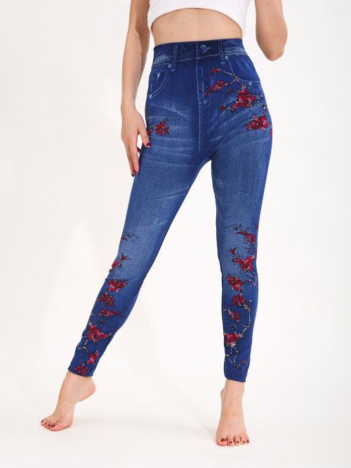 Image of Women's Autumn Winter Plum Blossom Pattern High-Waisted Yoga Leggings – Elegant Imitation Cowboy Design for Fitness, Casual Wear & Sports