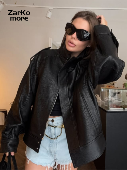 Image of Street Metal Buckle Short Leather Jackets Women Solid Lapel Zipper Long Sleeve Warm Coats 2025 Autumn Lady Chic Thick Outwears