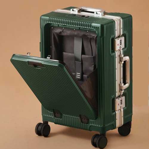 Image of Front Opening Pocket Suitcase with Aluminum Alloy Frame Lock USB Charging Plug Spinner Wheel Trolley Bags Travel Rolling Luggage