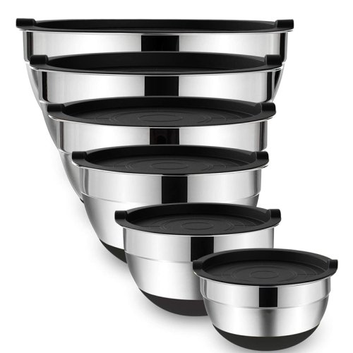 Imagen de Juego de Cuencos de Acero Inoxidable con Tapas y Bases Antideslizantes para Mezclar, Hornear y Almacenar - Set de Cuencos Anidables para Cocina