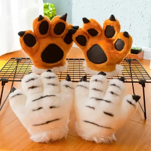 Bild von Gestreifte, flauschige Tigerpfote-Plüschhandschuhe – Gepolsterte Handwärmer mit Tiermotiv für Halloween, Cosplay und Kostümveranstaltungen