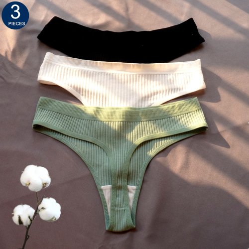 Image of 3-Pack Seamless Ribbed Cotton Thongs for Women – Soft Low Waist Bikini Briefs & Sports Underwear in Plus Size