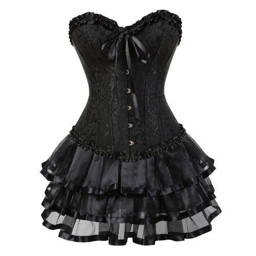 Image of Elegant Black Vintage Caudatus Corset Set with Tutu Skirt and Lace-Up Bustier for Women – Plus Size Sexy Lingerie Costume