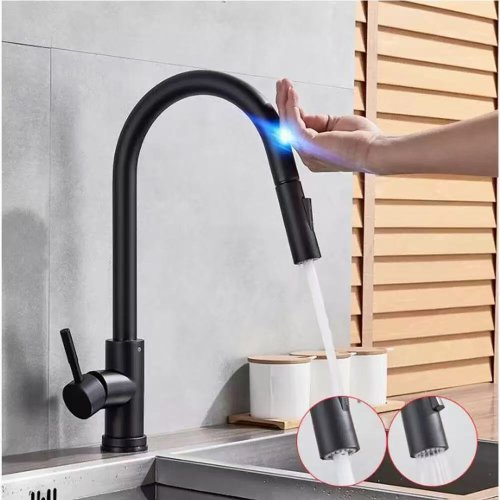 Immagine di Rubinetto da Cucina Touch Estraibile con Sensore in Nichel Spazzolato e Acciaio Inossidabile Nero – Rubinetto Misto a Induzione Intelligente con Controllo Tattile per Lavello Moderno